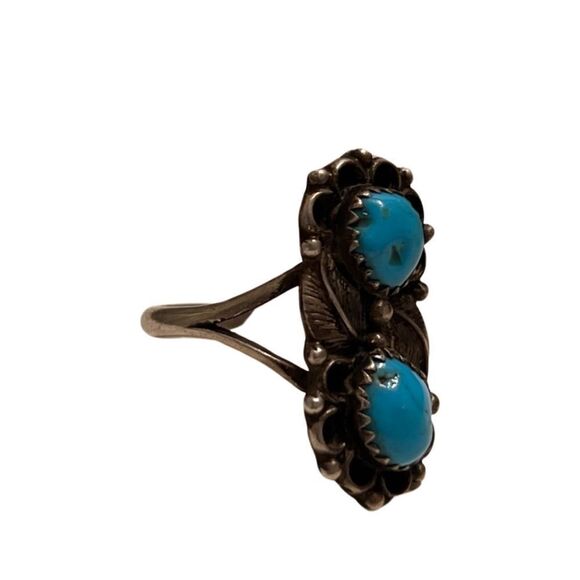 Vintage Navajo Turquoise & Sterling Silver Double Decker Ring - Picture 5 of 14